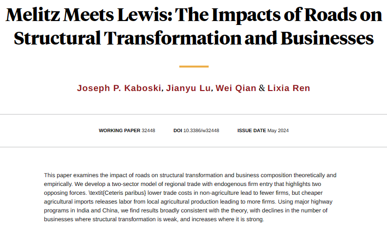 Theoretically and empirically, integration of remote regions leads to more businesses when it leads to structural transformation out of agriculture, fewer businesses otherwise, from Joseph P. Kaboski, Jianyu Lu, Wei Qian, and Lixia Ren nber.org/papers/w32448