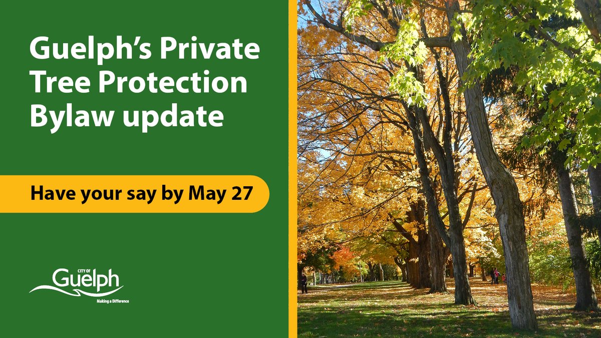 Hey Guelph, some options for expanding Guelph’s Private Tree Protection Bylaw are being considered. An updated bylaw will be drafted this fall. Help us decide the direction for these updates by completing this short survey before May 27: ow.ly/KtKA50RKhXO