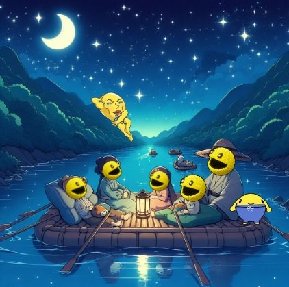The Pac Fam is enjoying a relaxing evening on a raft in a scenic river, amidst a joyful and tranquil weekend atmosphere 🌕

@pacmoon_
