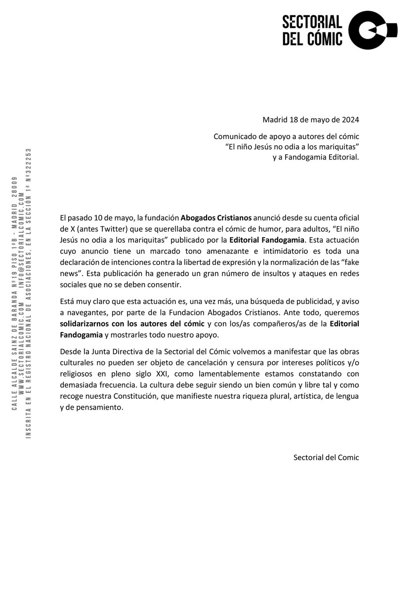Sectorial del Cómic (@sectorialcomic) on Twitter photo Ante el ataque injustificado a <a href="/Fandogamia/">Fandogamia Editorial</a> por parte deo de @abogadosCrist Queremos solidarizarnos con los autores del cómic y con los/as compañeros/as de la Editorial Fandogamia y mostrarles todo nuestro apoyo.
#noalacensura #libertaddeexpresion #elcomicesarte #elcomicescultura Ante el ataque injustificado a <a href="/Fandogamia/">Fandogamia Editorial</a> por parte deo de @abogadosCrist Queremos solidarizarnos con los autores del cómic y con los/as compañeros/as de la Editorial Fandogamia y mostrarles todo nuestro apoyo.
#noalacensura #libertaddeexpresion #elcomicesarte #elcomicescultura