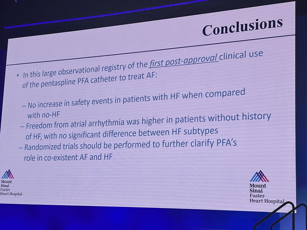 @MohitTuragam #HRS2024 observational registry of first clinical use of pentaspline PFA catheter to treat AF:ñ shows No increase in safety events in patients with HF when c/w no-HF Freedom from atrial arrhythmia higher in patients w/o h/o HF, with no sig difference b/w HF
