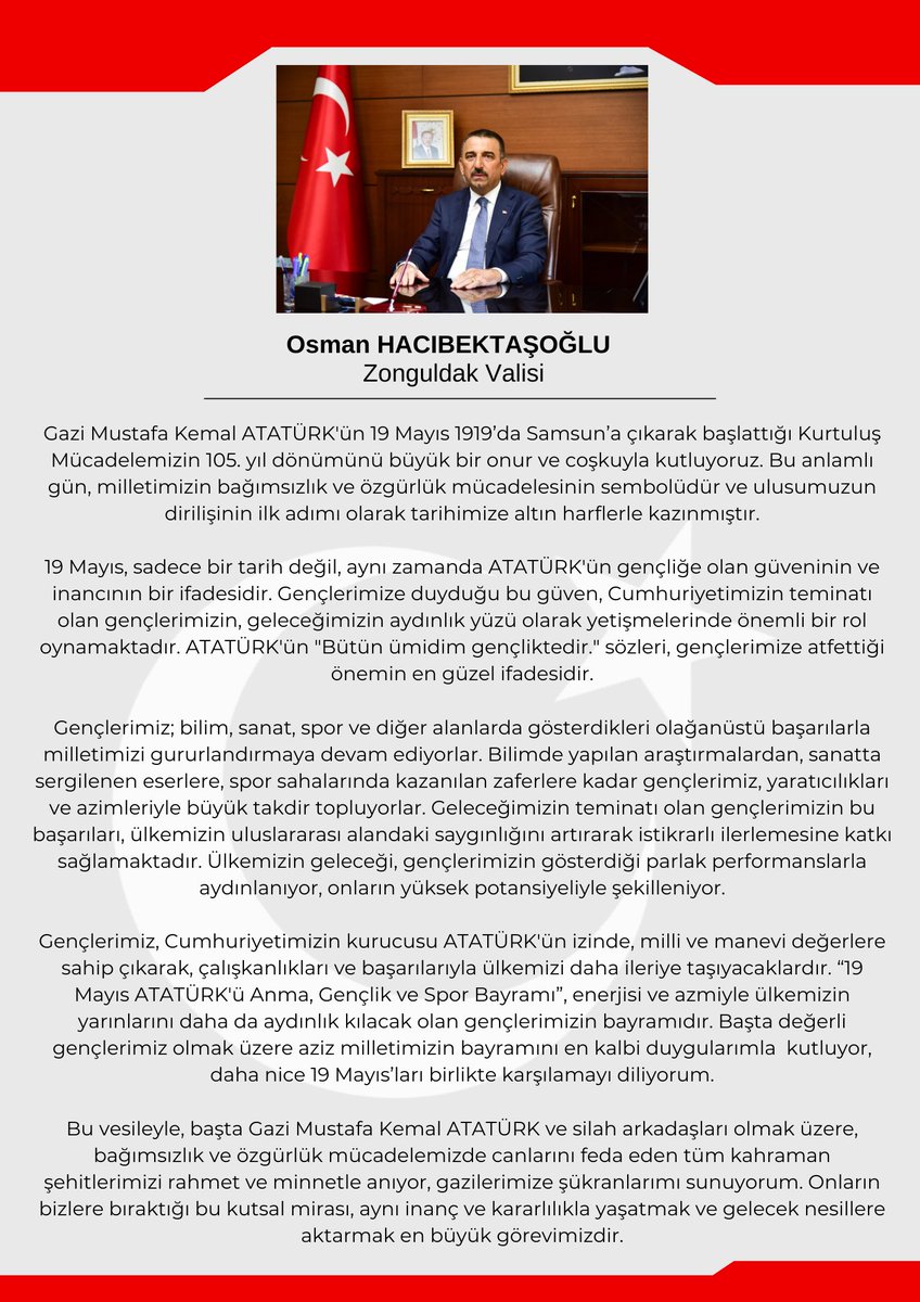 Valimiz Osman Hacıbektaşoğlu’nun “19 Mayıs Atatürk’ü Anma, Gençlik ve Spor Bayramı” Mesajı🔻 #19MayısAtatürküAnmaGençlikveSporBayramı 🇹🇷🇹🇷🇹🇷
