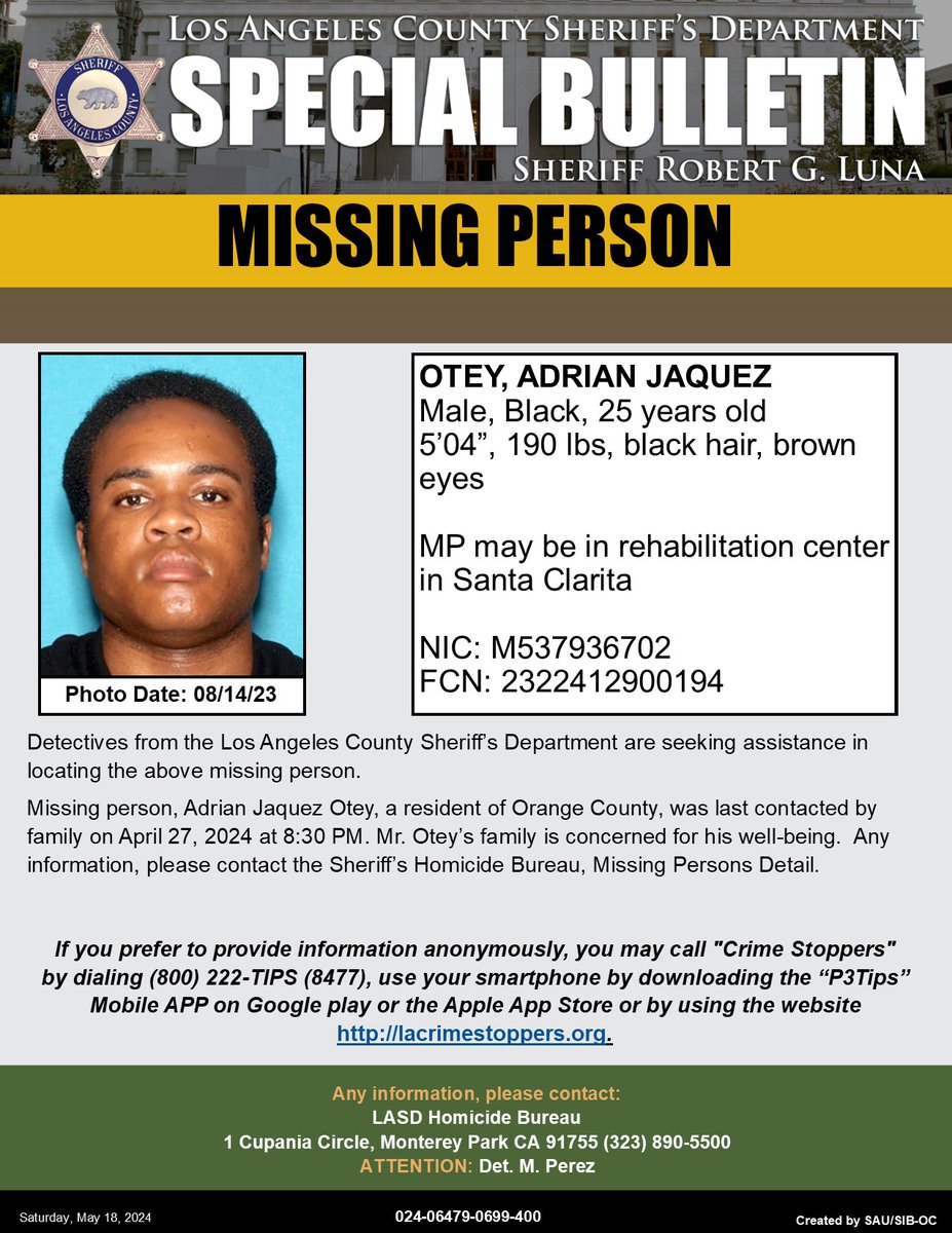 #LASD is Asking for the Public’s Help Locating Missing Person Adrian Jaquez Otey, #SantaClarita - local.nixle.com/alert/10996553/