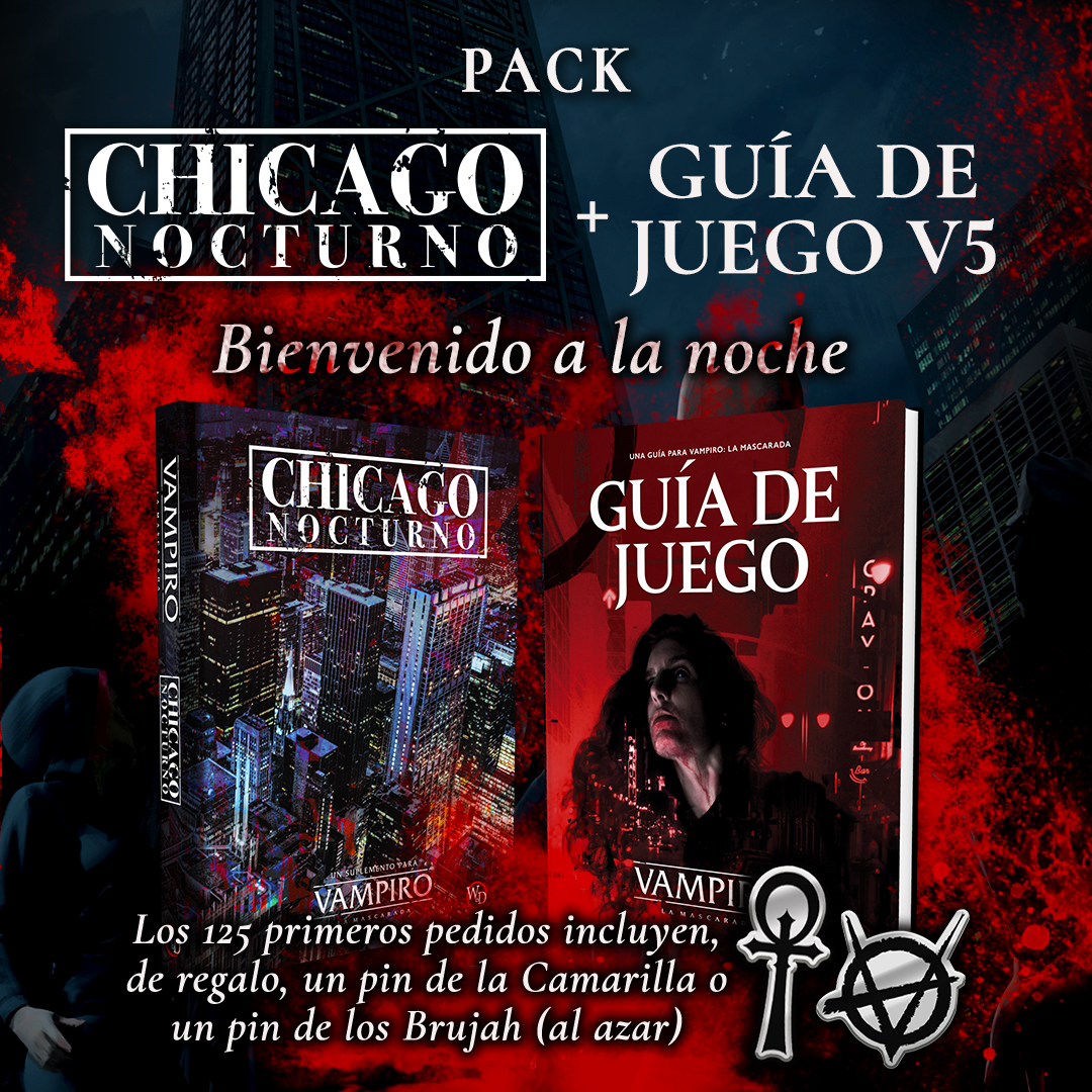 Leed esto bien, rebaño mío. Es un nuevo amanecer para el Clan de la Noche. Reserva uno de los 125 primeros Packs de #ChicagoNocturno y #V5 #GuíaDeJuego y llévate, de regalo, un pin de Camarilla o Brujah al azar.  🩸 nosolorol.com/mdt @BibliOscura