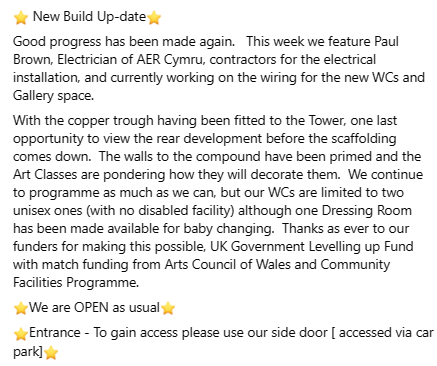 #NewBuildUpdate #LevellingUp #UKGovernmentLevellingUpFund #ArtsCouncilOfWales #CommunityFacilitiesProgramme #GrosvenorConstruction #UKGovernment