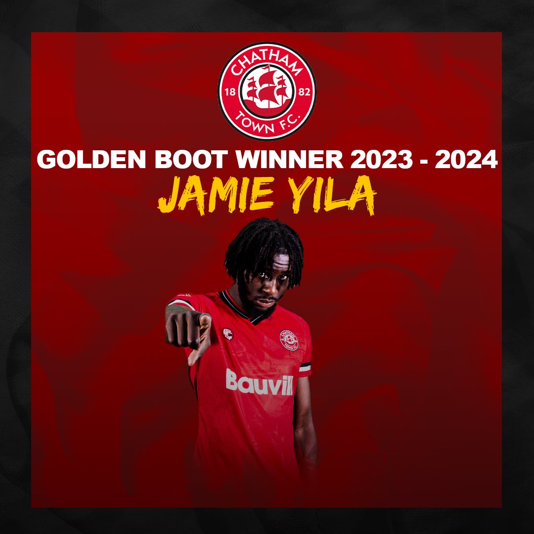 𝗚𝗢𝗟𝗗𝗘𝗡 𝗕𝗢𝗢𝗧 𝟮𝟬𝟮𝟯/𝟮𝟰 ⚽️

Jamie Yila scored an impressive 22-goals for the Chats this season — including the last-gasp winner against @HashtagUtd in the Velocity Cup Final. 🏆

🔴⚪️⚫️ #UpTheChats