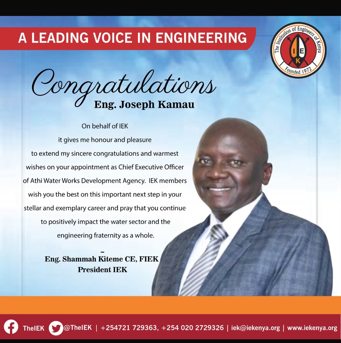 Congratulations to Eng. Joseph Kamau for this appointment! Very deserving and joining our very own ⁦@MativoMJohn⁩ in ably leading critical institutions! ⁦@shammahkiteme⁩ ⁦@AthiWaterWorks⁩ ⁦@EngineersBoard⁩ #engineerswinning ⁦@NyokabiJesse⁩