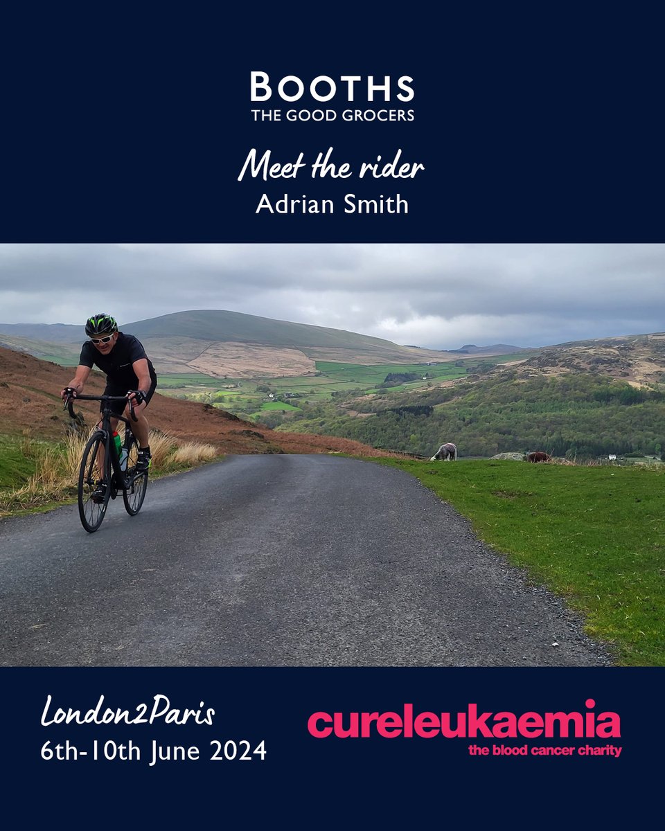 An interview with London 2 Paris rider Adrian Smith 🚲 Adrian is part of our team of riders cycling from London to Paris to help fund Cure Leukaemia Research Nurse Denise at Blackpool Hospital, supporting patients in the North West booths.co.uk/booths-l2p-rid…