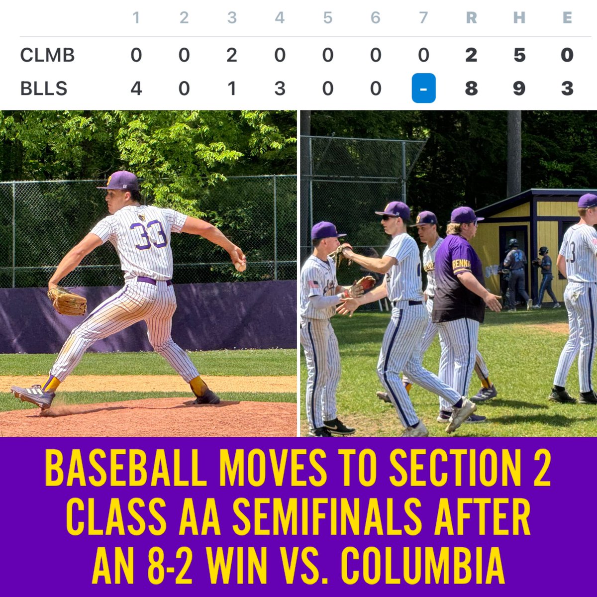 Great day for the @bspadiamonddawg @VBspa_Baseball Team, as @BlaineZoller33 fans 8 in 5 innings, @James__haughton goes 3 for 4, & @DJWBaseball02 has 3 RBIs to help advance the Dawgs to the Section 2 Class AA Semis Monday at 4pm (vs. Bethlehem) following an 8-2 win over Columbia!