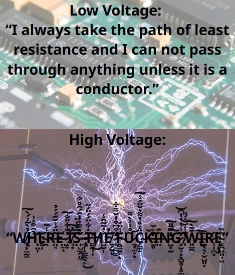 Low voltage: I always take the path of least resistance and I cannot pass through anything unless it is a conductor. High voltage: W H E R E  I S  T H E  F U C K I N G  W I R E. also hi, I realized I should be writing alt text for better long-term preservation and accessibility