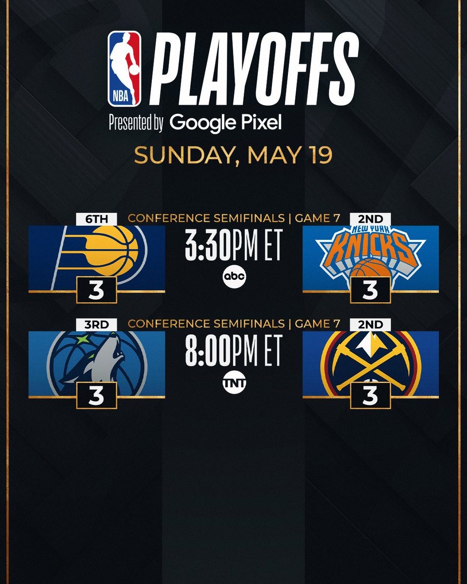 TWO GAME 7s on Sunday 🍿

3:30pm/et: Pacers/Knicks
8pm/et: Timberwolves/Nuggets

Must-see TV tomorrow on ABC and TNT!