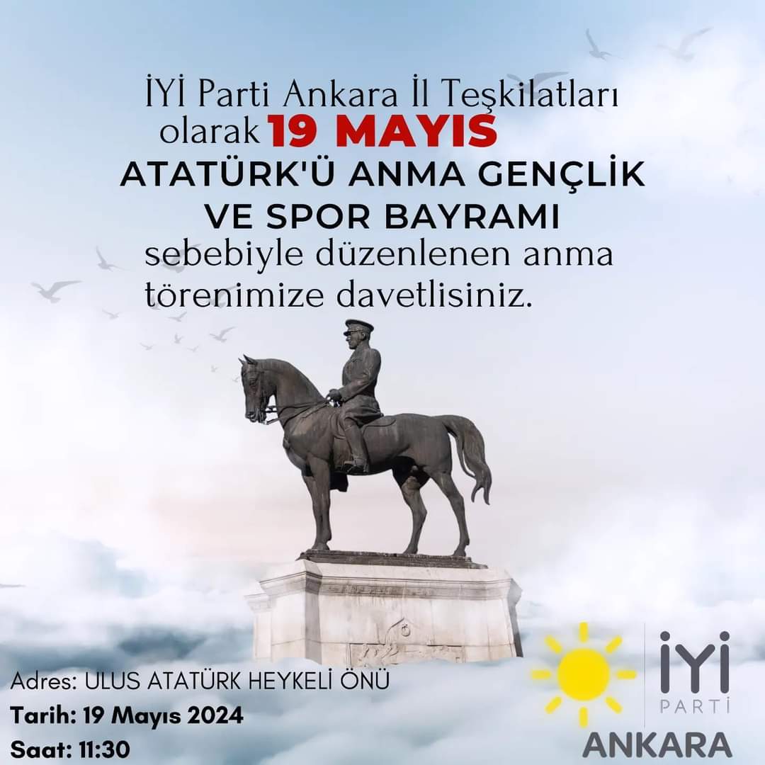 İYİ Parti Ankara il ve ilçe teşkilatları olarak 19 Mayıs ruhunu yeniden yaşamak için saat 11.30'da Ulus heykel önünde buluşuyoruz.☀️🇹🇷
@MDervisogluTR
@HasanToktasTR
@iyiparti 
@iyipartiankara 
@Kecioreniyip