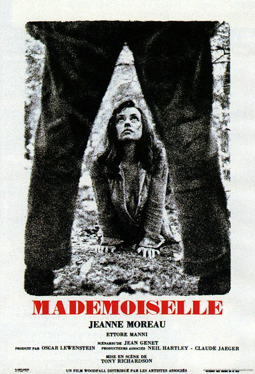 Watched ‘Mademoiselle’ (1966), based on a scenario by Jean Genet it was unmistakably him in its themes of crime, betrayal, symbolism and sexuality. ‘Mademoiselle’ burns buildings and drowns/poisons animals just because she can before betraying the Italian woodcutter she fancies.