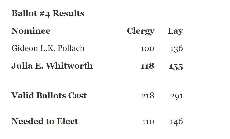 Bishop Gates has announced that the Rev. Julia E. Whitworth has been elected on the 4th ballot.