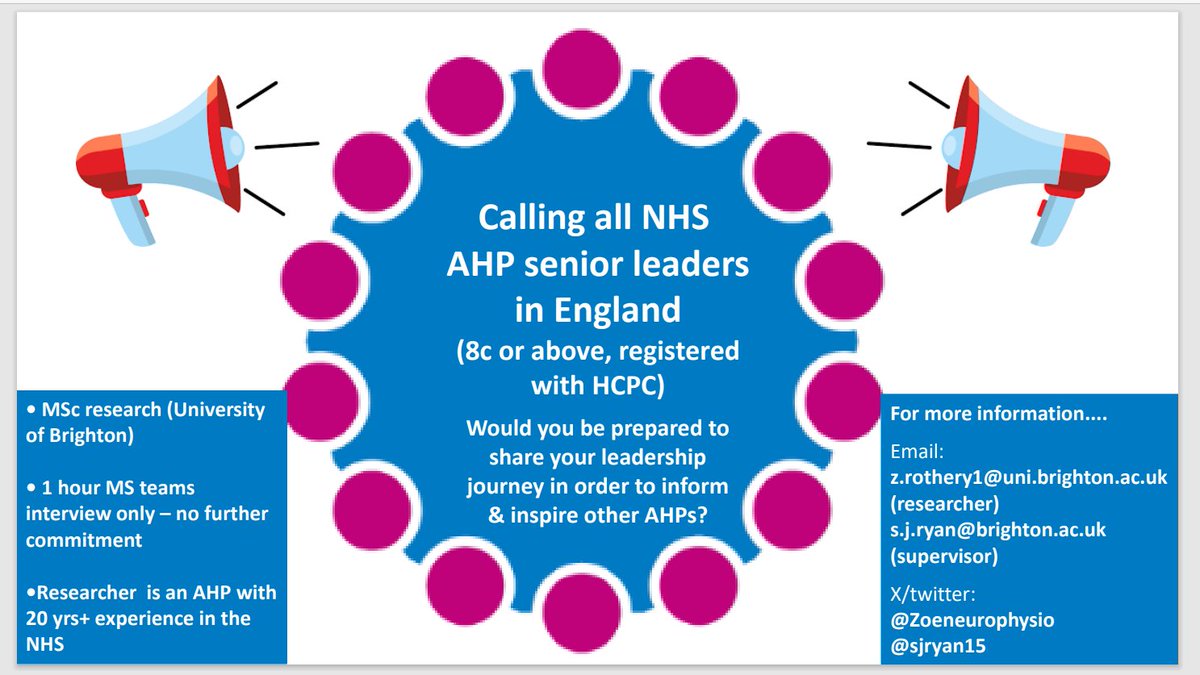 Please do like and share - MSc research exploring #AHP senior #leadership journeys in order to inform #AHPpreceptorship and share insights across the AHP workforce. Potential participants please get in touch by Friday 14th June 2024. Thank you!