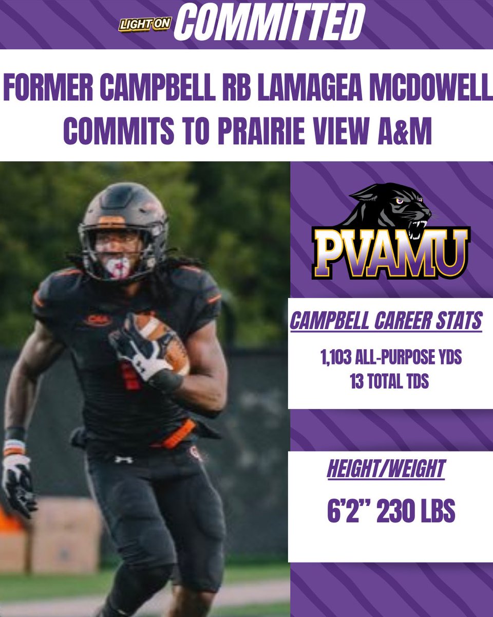 Former Campbell RB Lamagea McDowell has committed to Prairie View A&M, per his social media. 🟣🟡 He totaled 1,103 all-purpose yards and 13 touchdowns during his time with the Camels. #PVNation @Majea12