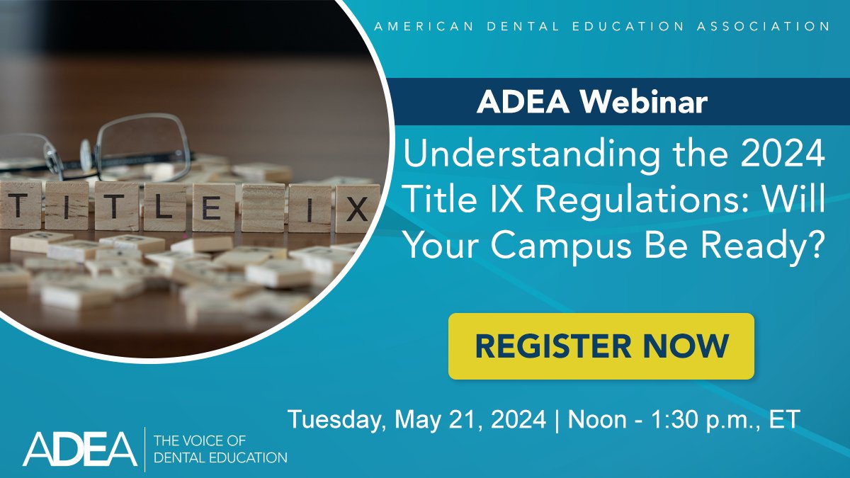 New Title IX regulations go into effect Aug. 1. How will it impact your institution? What can you do to prepare? Join us this Tuesday for the ADEA webinar 'Understanding the 2024 Title IX Regulations: Will Your Campus Be Ready?' #TitleIX ow.ly/lk6g50RLtUH