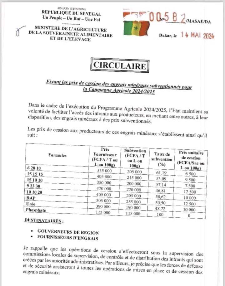 Les subventions des prix des engrais minéraux, dans le cadre de l'exécution du Programme Agricole 2024/2025. Les nouveaux prix de cession aux producteurs s'établissent comme suit sur ce tableau variant de 0 franc à 12 000 frs, selon le type d’engrais #Kebetu