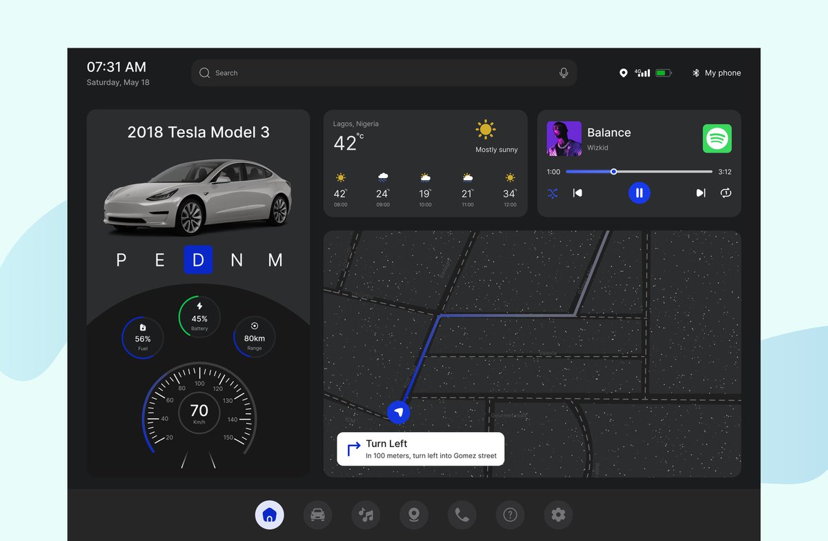 Hello fam 🤗
Today is Day 89 😃
I designed a Car Dashboard Interface. 

I included details that should be seen when a car is moving towards a destination. 

What are the details you would like to see on your car dashboard? 🤔💭

#figma #uiux #dailyui