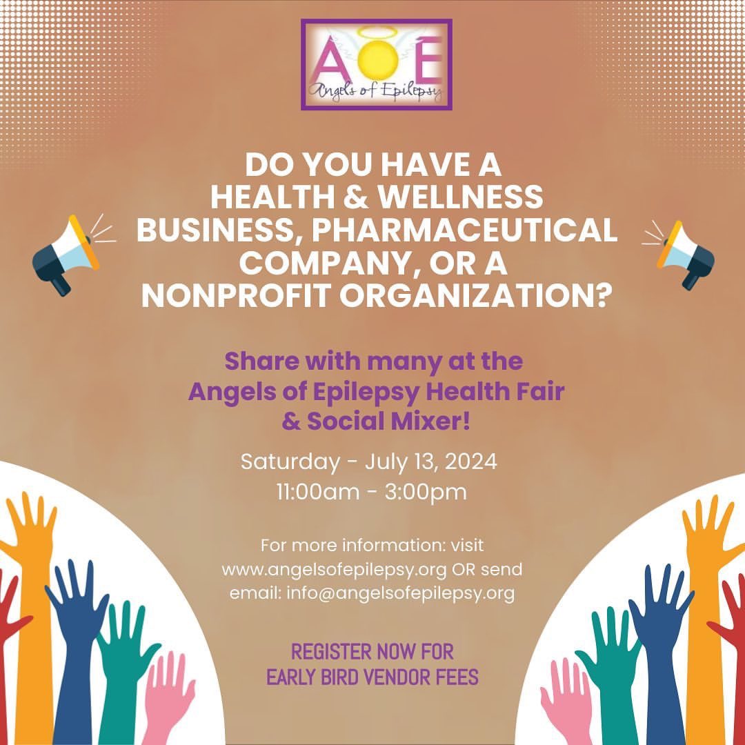 Do you or someone you know have a health and wellness business, pharmaceutical company, or a nonprofit organization? Join the AOE Health Fair & Social Mixer on July 13th! 💜 Go to: eventbrite.com/e/angels-of-ep… #Share #Atlanta #GA #Vendors #GreatCause #AngelsOfEpilepsy #AOEinc