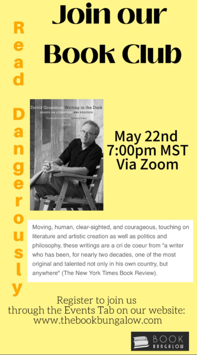 Our Read Dangerously Book Club is talking about WRITING IN THE DARK by David Grossman next week! Wanna join us? Register here: us02web.zoom.us/meeting/regist… @picadorbooks #booktwitter #Tbr #whattoread #shopindie #shopsmall #shoplocal