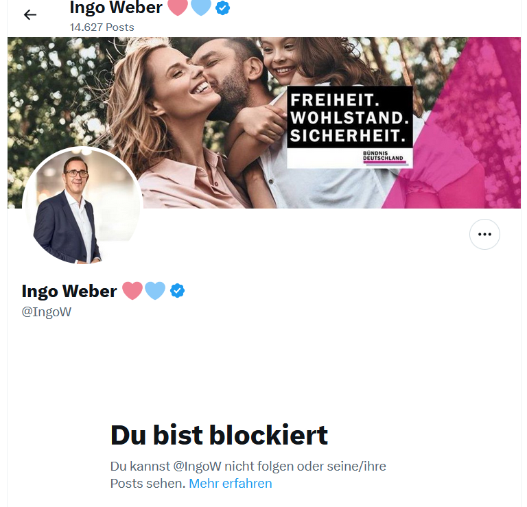 Reaktion des Politikers in spe Ingo Weber @IngoW vom Bündnis .... 🤣🤣🤣 sich der Kritik stellen gehört jedenfalls ncht zu seinen Stärken. Unwählbar.