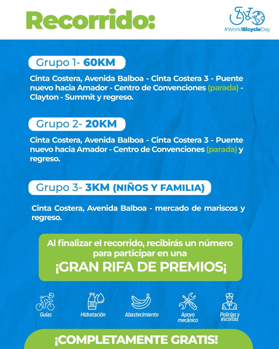 Panamá se unirá a la celebración del Día Mundial de la Bicicleta con un actividad que se desarrollará el próximo domingo 2 de junio en la Cinta Costera, desde las 6:30 a.m.
La misma es organizada por la Embajada de Polonia, Panamá Bici y la Alcaldía de Panamá.
#TReporta