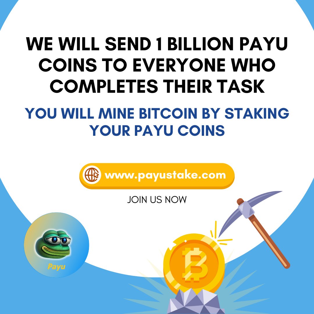 Payu coin software team has started a revolution in the crypto world. 🥇 YOU WILL MINE BITCOIN BY STAKING YOUR PAYU COINS ⛏ gleam.io/competitions/w… JOIN US NOW #payucoin $payu #payu #payufinance #payustake #bitcoin