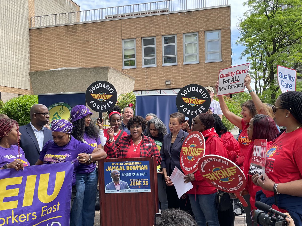 Proud to support @JamaalBowmanNY alongside fellow union workers at @1199seiu @cirseiu @DC37nyc @UAW and more! From standing with nurses during the #NYCNurseStrike to his strong support for #MedicareforAll, he has always fought nurses, their patients, and working families.