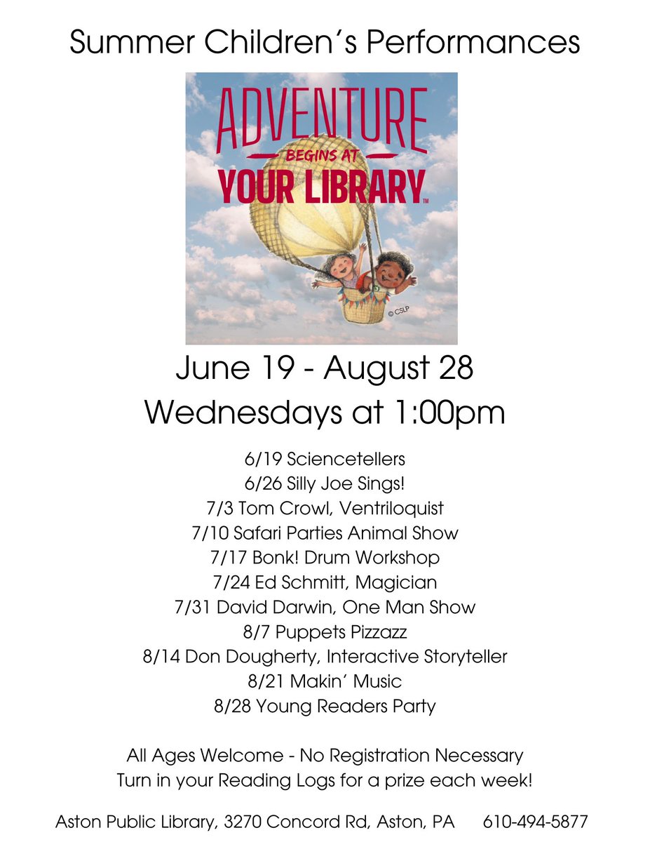 Mark your calendar for our free kids' programs every Wednesday at 1PM during the Summer!
<a href="/astontownship/">Aston Township</a> <a href="/PennDelco/">Penn-Delco SD</a> <a href="/CoebournES/">Coebourn Elementary</a> <a href="/PDSD_AstonES/">Aston ES</a> <a href="/PDSD_Pennell/">Pennell Penguins</a> <a href="/ParksideES/">Parkside Elementary</a>