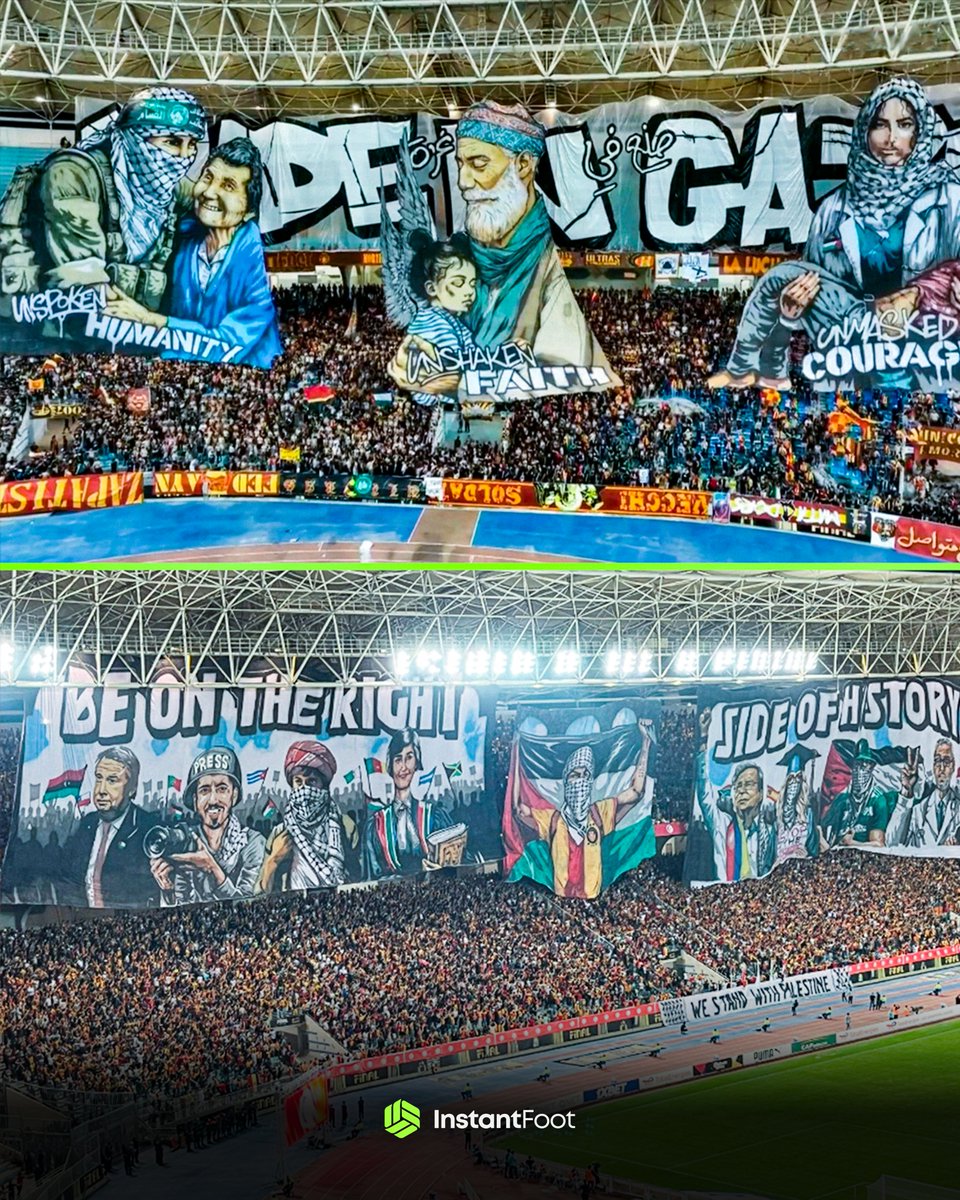 🚨🇵🇸 Les supporters de l'Espérance de Tunis déploient un tifo en soutien à la Palestine :

"Soyez du bon côté de l'histoire."

Ce tifo rend hommage aux avocats sud-africains de la CIJ, aux ultras du Celtic, au président colombien et aux drapeaux des pays soutenant la cause