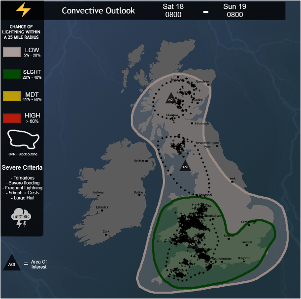 Quick Verification: T-storms developed quite widely across Wales, SW Eng, W Midlands, Scotland which brought frequent lightning for most area within all AOI. Storms didn't / have not fired up E parts of the SLGHT which will sadly lower the rating of the forecast. Rating: 6/10