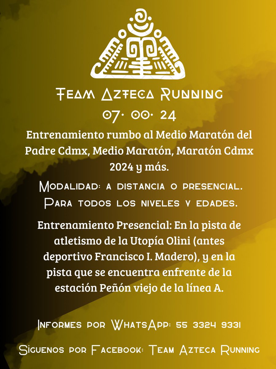@CanalRunning Si buscas equipo para iniciar tu entrenamiento eres cdmx o de otro Estado, intégrate con Team Azteca Running. Recuerda jóvenes de 15 a 20 años se les da un 30% de descuento. Mayores de 20 en adelante, el costo es $600. Informes por WhatsApp 55 3324 9331.
