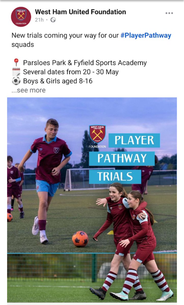 Football trials. @WHUFoundation #PlayerPathway squad trials are coming up! Can you spot our very own baller Lottie R in Y7 who is part of this promotion? 😍