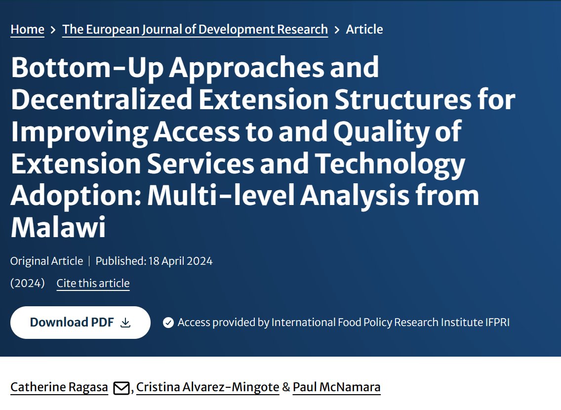 🆕🗞️Bottom-Up Approaches and Decentralized #Extension Structures for Improving Access to and Quality of Extension Services and Technology Adoption: Multi-level Analysis from #Malawi.

🖋️By @crragasa, Cristina Alvarez-Mingote, and @Paul_McNamara_1.

 doi.org/10.1057/s41287…
@CGIAR