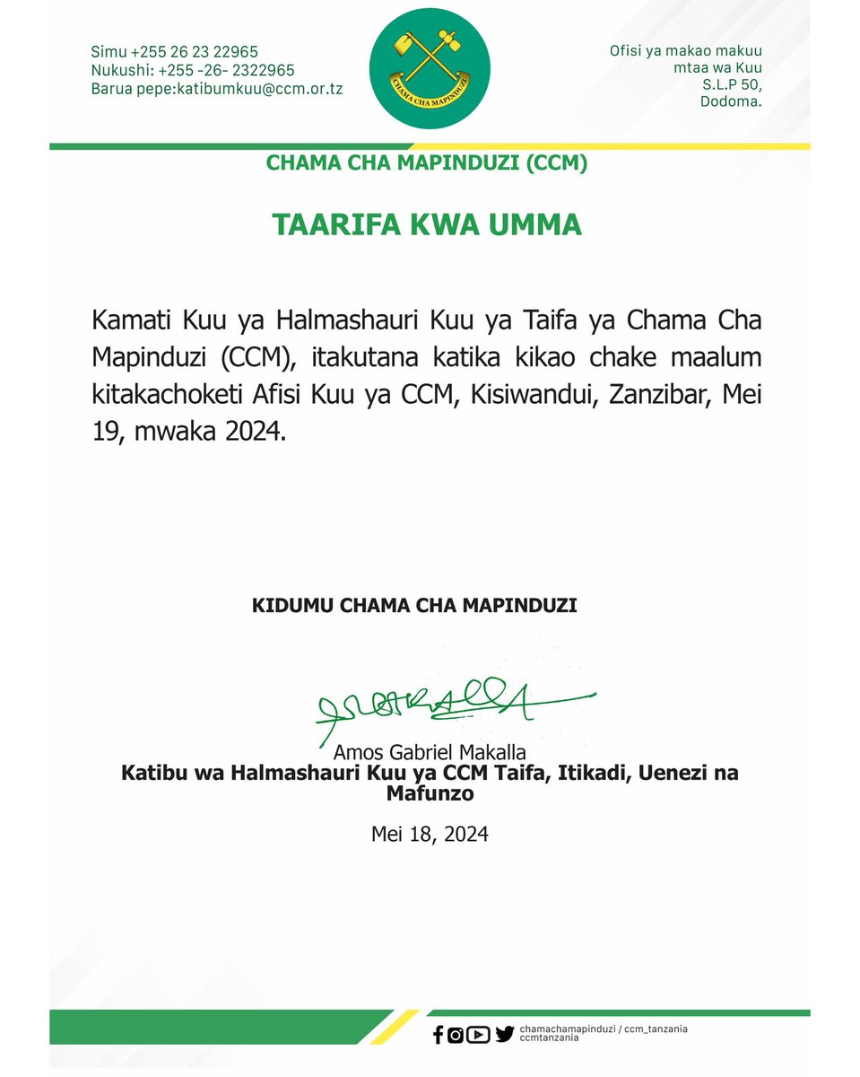 Kikao Cha Kamati Kuu ya Halmashauri Kuu ya Taifa ya Chama Cha Mapinduzi (CCM), Kuketi Afisi Kuu ya CCM, Kisiwandui, Zanzibar, Mei 19, mwaka 2024.