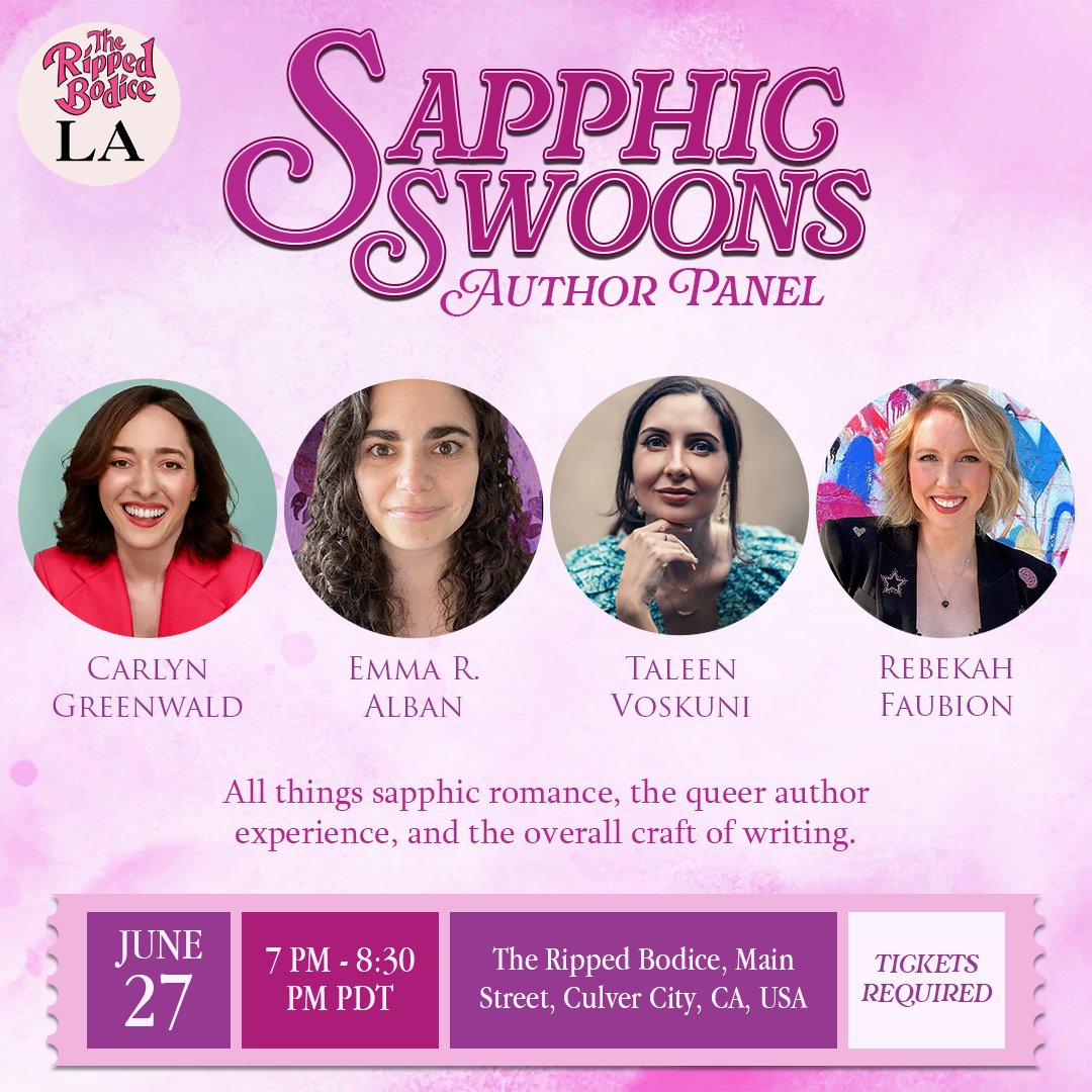 So excited to announce this!!! Going to be speaking on a panel with @CarlynGreenwald @ERAlban and Rebekah Faubion next month at The Ripped Bodice (@TheRippedBodice) in Culver City! Dream come true <3 Get your tickets here: bit.ly/sapphicswoons