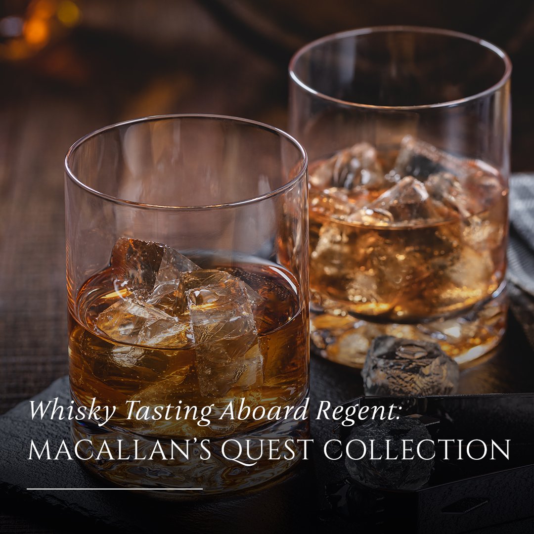 Enjoy a guided tasting of award-winning Macallan whiskeys led by an onboard expert. Read the blog post bit.ly/3PSlJdR #WorldWhiskeyDay #LuxuryGoesExploring #OnTheBlog