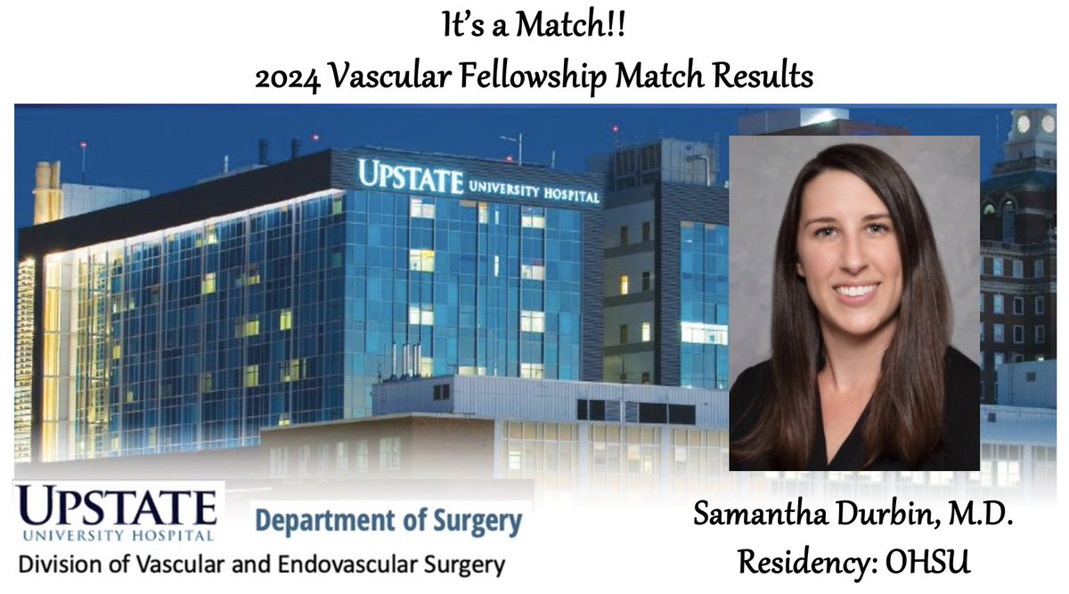 SUNY Upstate Division of Vascular Surgery (@upstatevascular) on Twitter photo Match Results are In! Please join us in welcoming our newest Vascular Fellow, Samantha Durbin, M.D., starting August 2025 🎉 We look forward to your arrival next summer! Congratulations to all who matched into Vascular Fellowship
<a href="/FutureVascSurgn/">FutureVascSurgeons</a>
#VascSurg #VascFellowMatch Match Results are In! Please join us in welcoming our newest Vascular Fellow, Samantha Durbin, M.D., starting August 2025 🎉 We look forward to your arrival next summer! Congratulations to all who matched into Vascular Fellowship
<a href="/FutureVascSurgn/">FutureVascSurgeons</a>
#VascSurg #VascFellowMatch