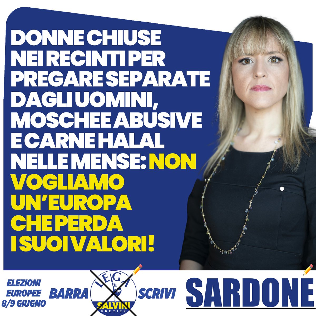 Non dobbiamo sottometterci a un'Europa succube dell'islamismo.
Con il voto delle europee dobbiamo dare un segnale: non vogliamo indietreggiare sulla nostra identità!
🟦 #europee #votaLEGA #scriviSARDONE 🟦