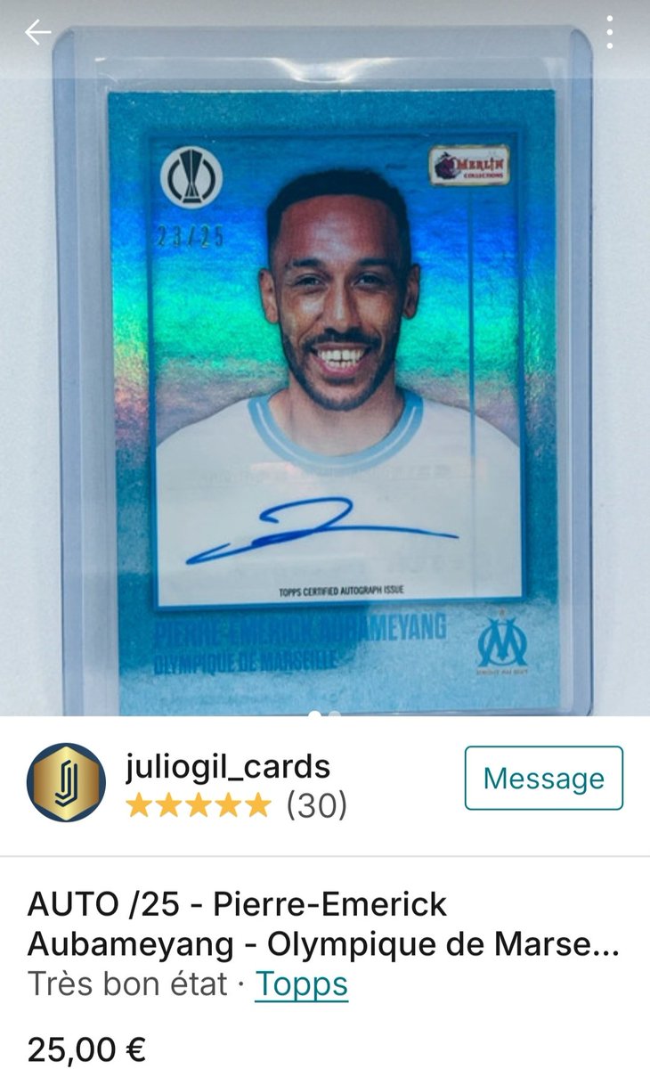 MythGenerator's tweet image. Pour les collectionneurs de l'OM, il y a un auto Aubameyang /25 Merlin qui est sur Vinted à 25€. Au cas où, il me semble que c'est en dessous du marché.
@OMTradingCards