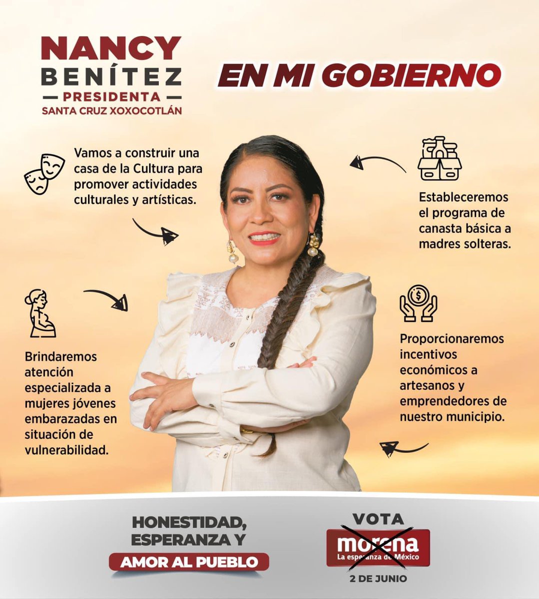 En nuestro gobierno el apoyo a madres solteras, mujeres jóvenes embarazadas, artesanas, artesanos y el fortalecimiento a la cultura, también serán una prioridad. 🗳️ Este 2 de junio en Santa Cruz Xoxocotlán #VotaMorena #NancyPresidenta