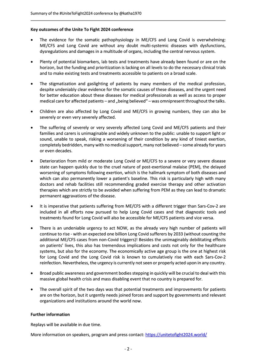 katha1970's tweet photo. #UniteToFight2024 Summary and Quotes

I wrote a 2-page summary of the conference followed by a quite long list of speakers' quotes which could be used as a basis for your press release @U2Fight_World or just shared with anyone interested if anyone wishes to use it. https://t.co/LeiLUuhDfn