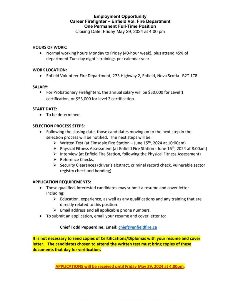 We are looking to fill our open career firefighter position. Please view the posting below.