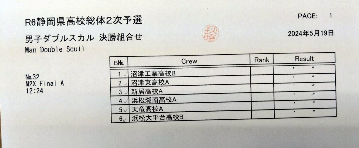 【第72回静岡県高等学校総合体育大会ローイング競技】
男子ダブルスカル　決勝の組み合わせです