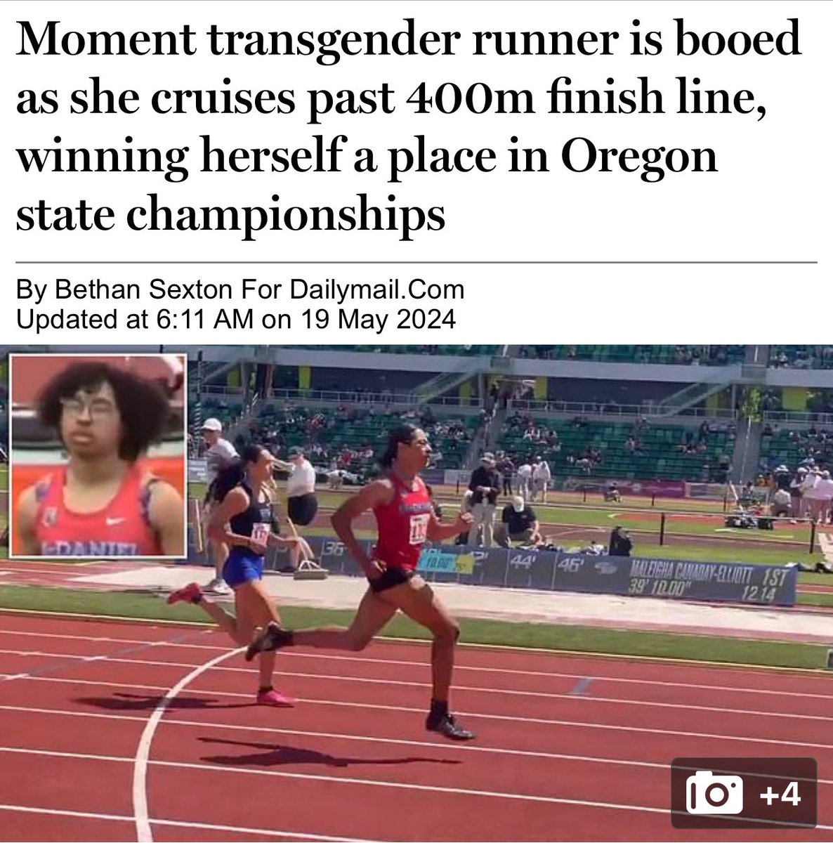 Moment male runner is booed as he cruises past 400m finish line, stealing himself a place in Oregon state championships female race, hence the boos.