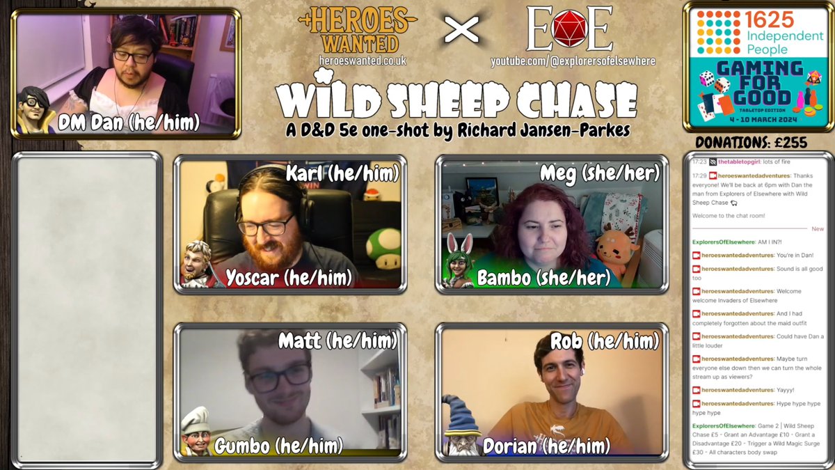 EoElsewhere's tweet image. We break from our normal game to present WILD SHEEP CHASE, the 5e D&amp;amp;D one-shot we ran for the #GamingForGood #charity livestream for @1625ip, joined by Rob @ Heroes Wanted UK!

Catch the Part 1/3 on the EoE YT page (link in bio!)

#ttrpg #ttrpgcommunity #selfpromosaturday #dnd5e