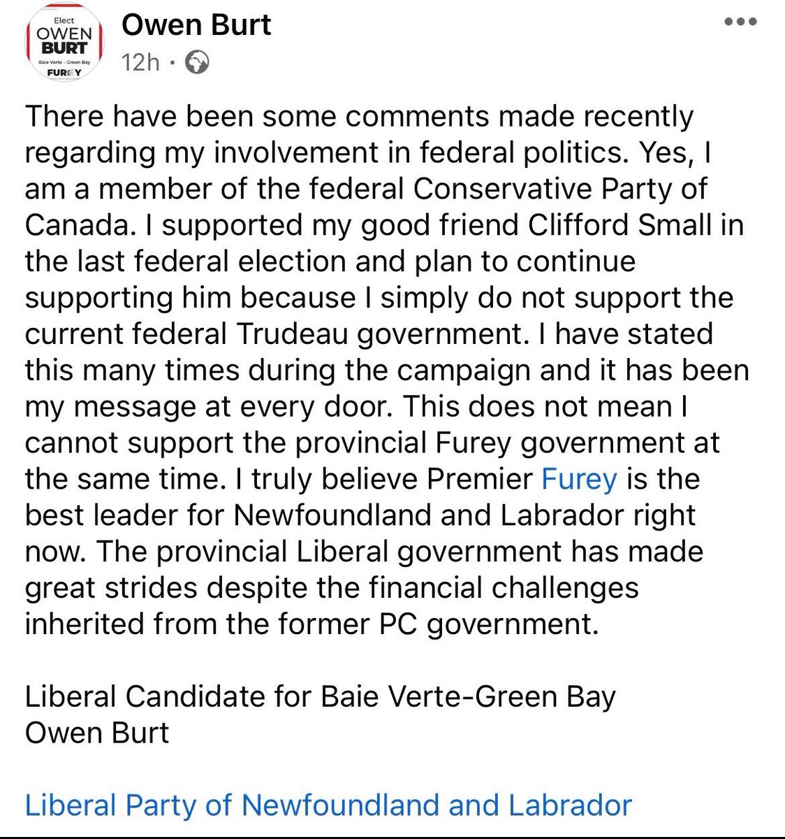 Amazing. The NL Liberal candidate for the Baie Verte-Green Bay provincial by-election is a Federal Conservative Party member. Could they really not find an actual Liberal to run for them? I'm pretty sure the PC party candidate is also a CPC member. Battle of the Conservatives!