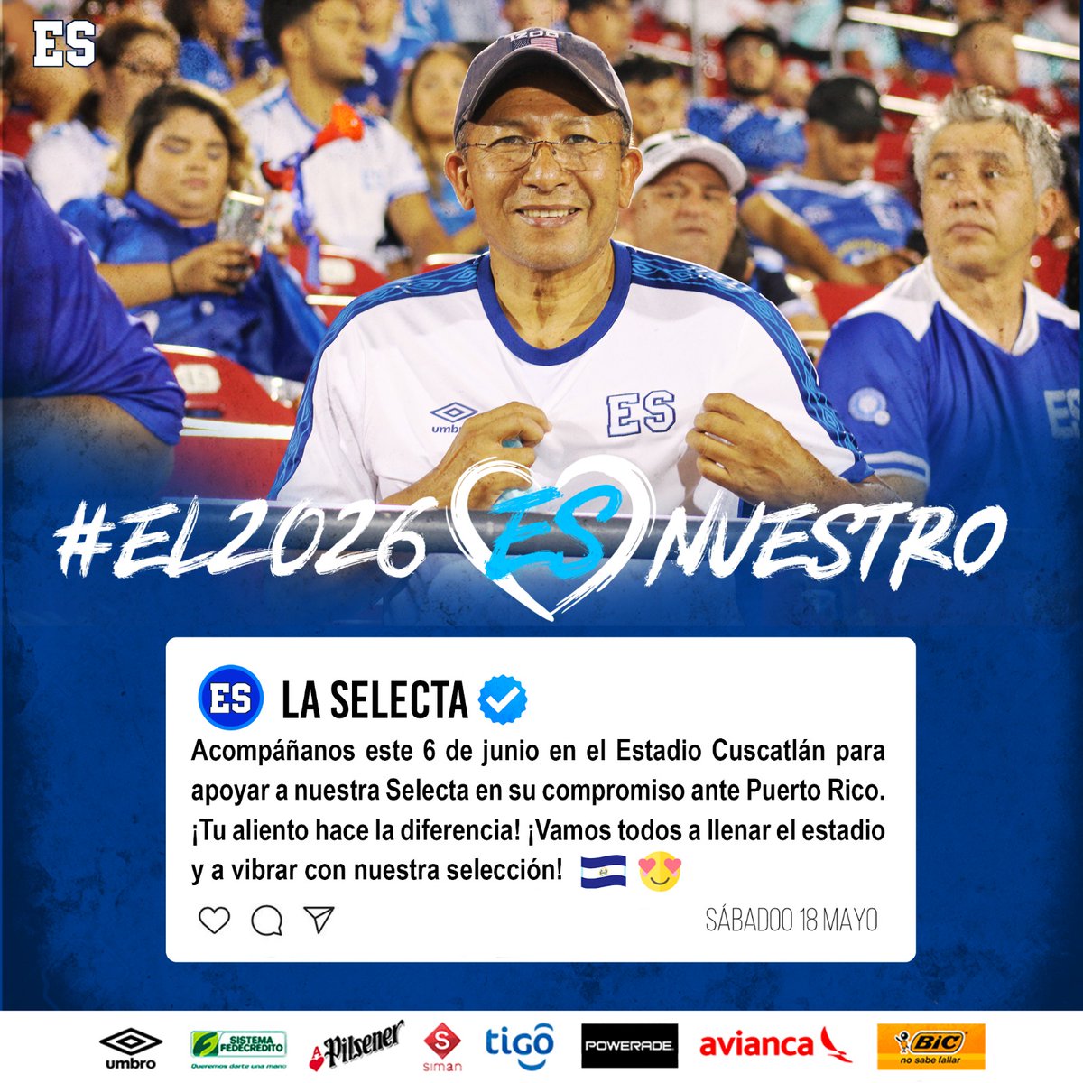 👕💙🤍 ¡ES momento de vestir nuestros colores Azul y Blanco! El Estadio Cuscatlán nos espera este 6 de junio, apoyemos a #LaSelecta en su camino mundialista #El2026ESNuestro #RoadTo2026 #ESalMundial