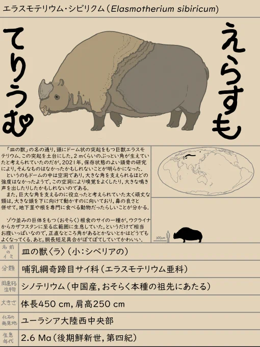 シベリアの皿の獣 エラスモテリウム・シビリクム | こがね #pixiv https://t.co/tEUf8oYbUx 

シロサイよりも首が下向き.
カラーリングと体型は,おそらく食性や生活スタイルが似ていたであろうイノシシをイメージした.
かわいい.

#やんわりッ古生物 #古生物 